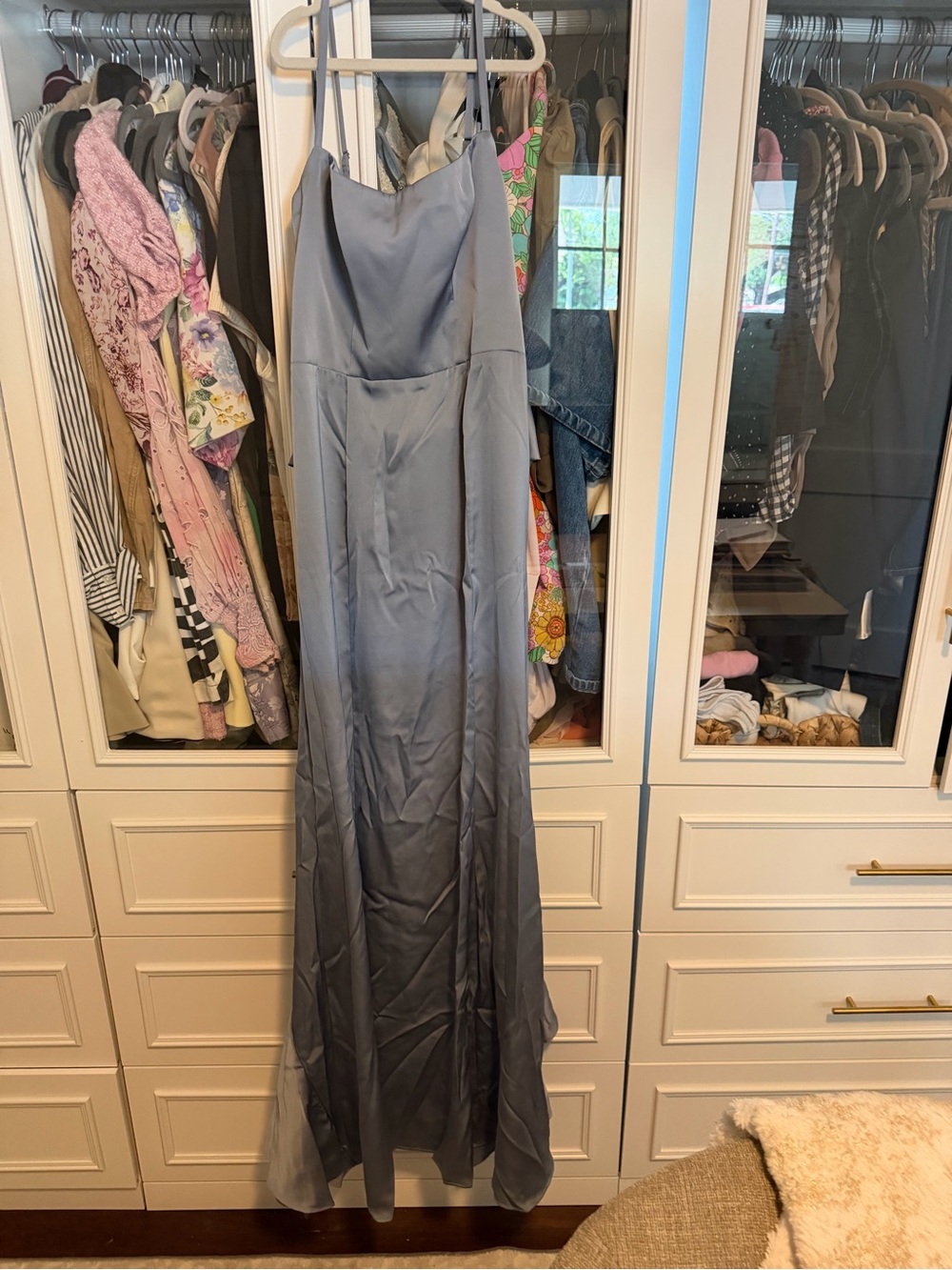 Elegant Slate Blue Satin Slip Dress with Spaghetti Straps